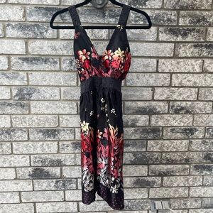 Satin Black & Floral V-Neck Dress - size S/M